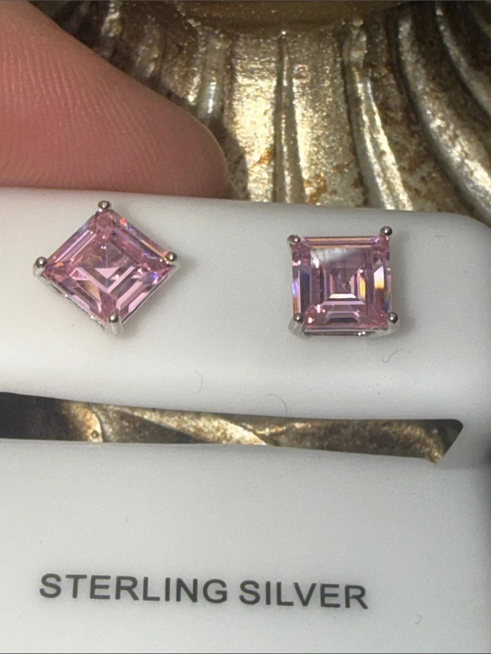 925 Sterling Silver Princess Cut Pink Gemstone  Stud Earrings NEW STUNNING
